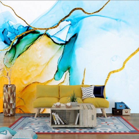 blue and mustard wallpaper uk
