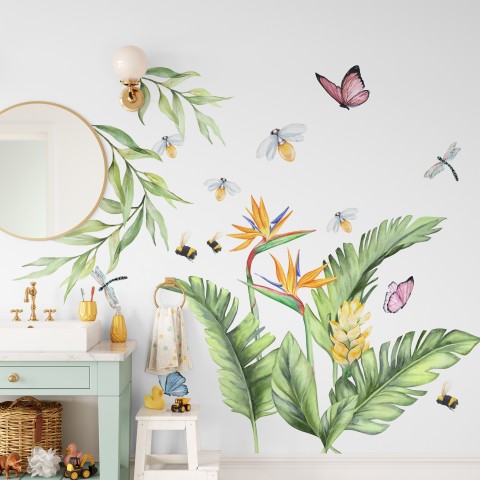 Cute Tropical Leaves and Flowers Wall Decal Sticker • Wallmur UK