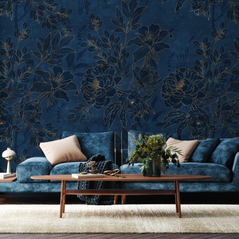 Dark Navy Peony Floral Drawing Art Wallpaper Mural • Wallmur UK