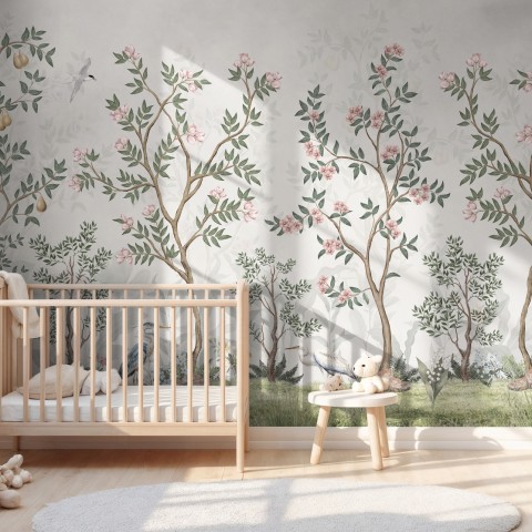 Chinoiserie Garden Trees And Birds Landscape Wallpaper Mural • Wallmur UK