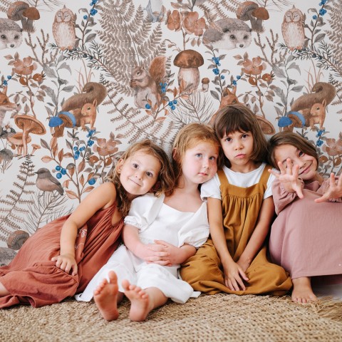 Watercolor Cute Kids Forest Animals in Forest Wallpaper Mural • Wallmur UK